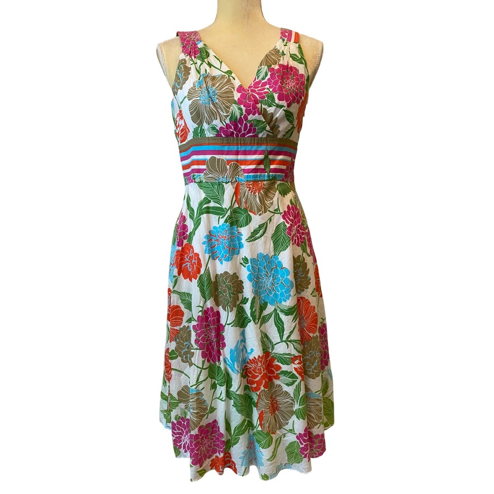 Donna Morgan Floral V-Neck Empire Waist Midi Dress Multicolor Cotton Womens 8